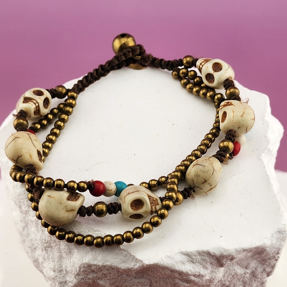 Skull Bead Bracelet Cream Howlite Style Brass Tone Multi Strand Gothic Boho